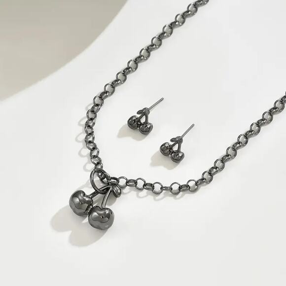 NEW 3 pc Vintage Black Cherry Necklace & Stud Earrings Set, y2k Cherry Bomb - Picture 1 of 4
